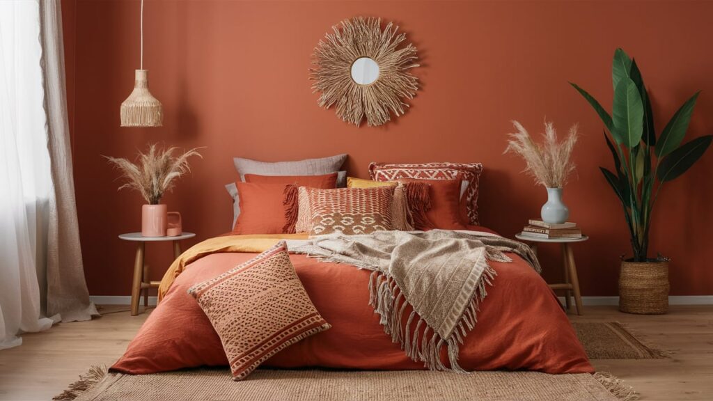 A Boho-inspired Bed With Layered Bedding In Warm Terracotta And Mustard Tones