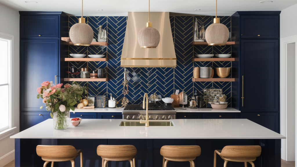 A bold herringbone-patterned backsplash in deep navy