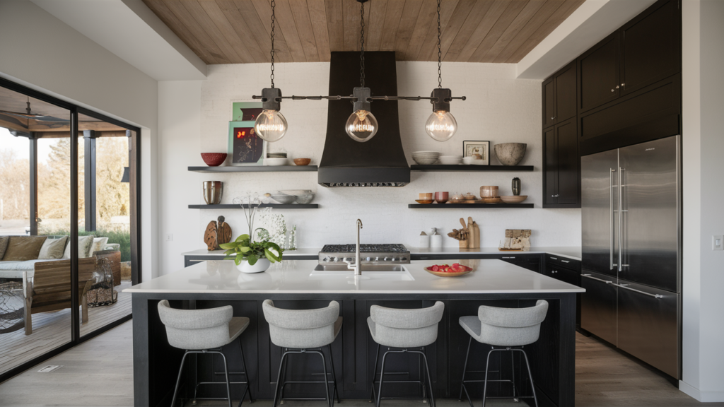 A Bold Industrial-style Fixture With Exposed Bulbs, Metal Finishes