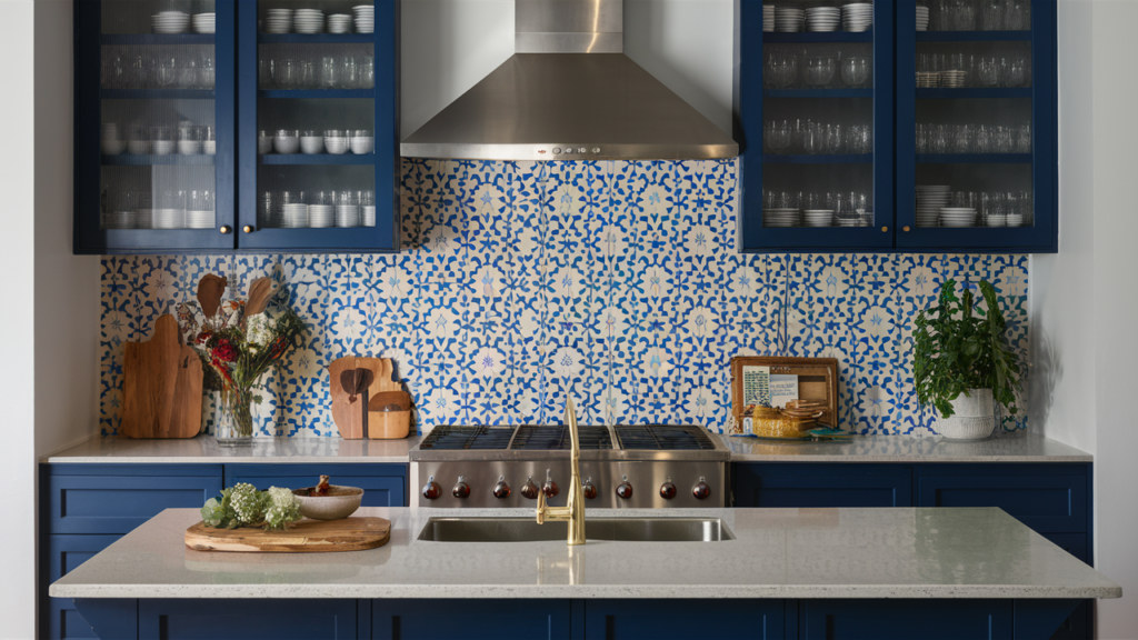 A Bold Patterned Backsplash With Blue And White Porcelain Tile