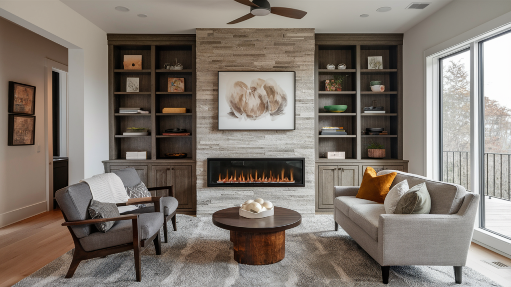 A Built-in Modern Fireplace With Custom Shelves