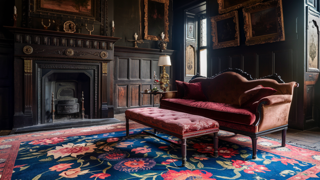 A captivating Victorian-style living room with a grand dark wood fireplace