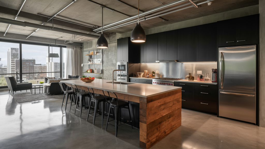 A captivating image of a modern industrial kitchen, showcasing exposed brick walls