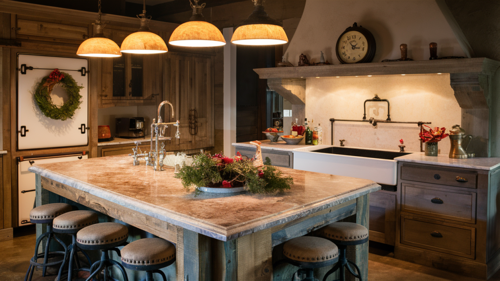 A charming and rustic kitchen, with a large reclaimed wood island