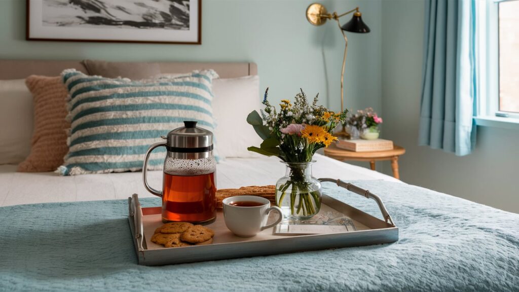 A charming guest room in soft powder blue