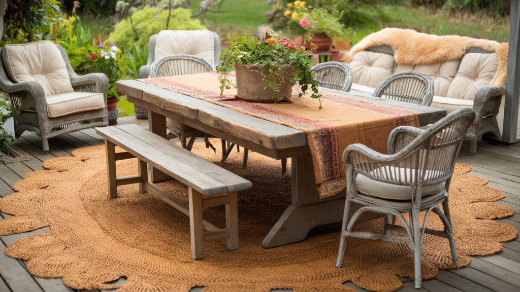 A Charming, Rustic Outdoor Patio Setting With A Reclaimed Wood Table