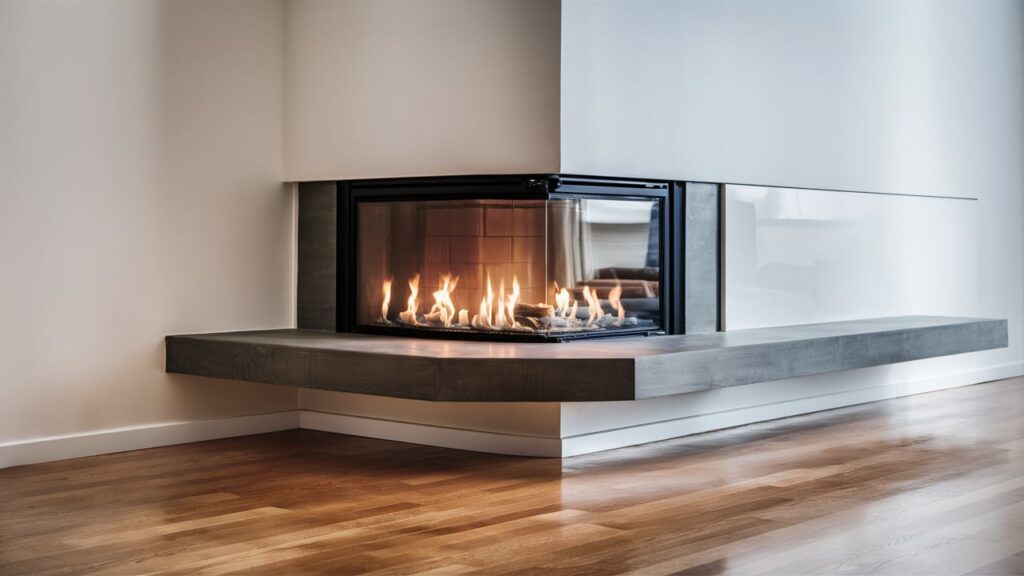 A chic and modern living room features a compact corner fireplace