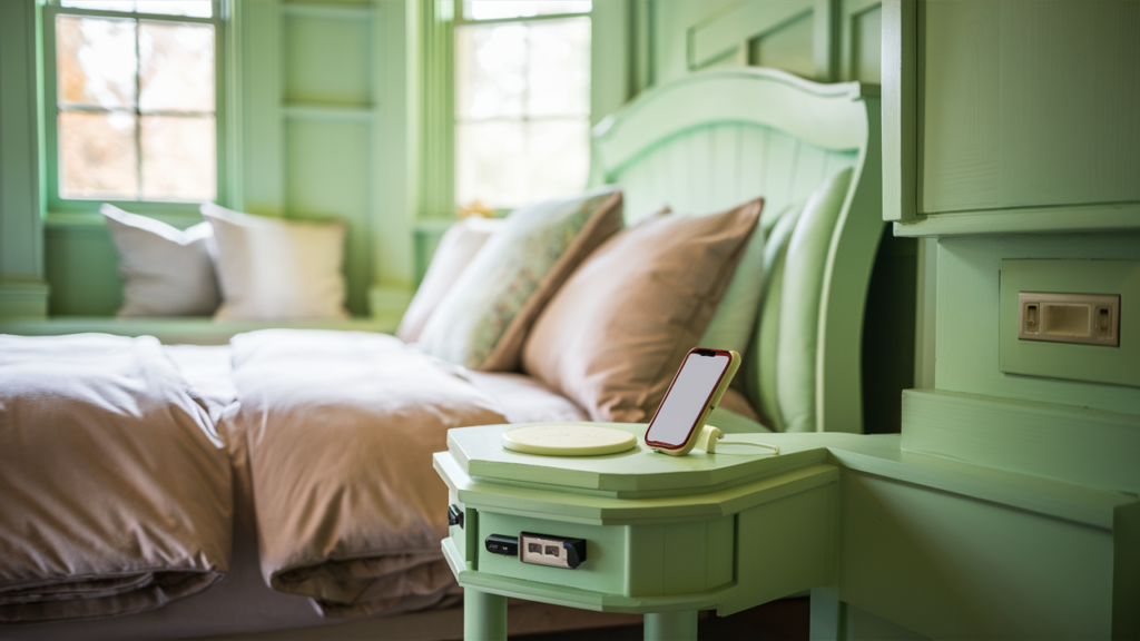 A chic guest room in soft blush