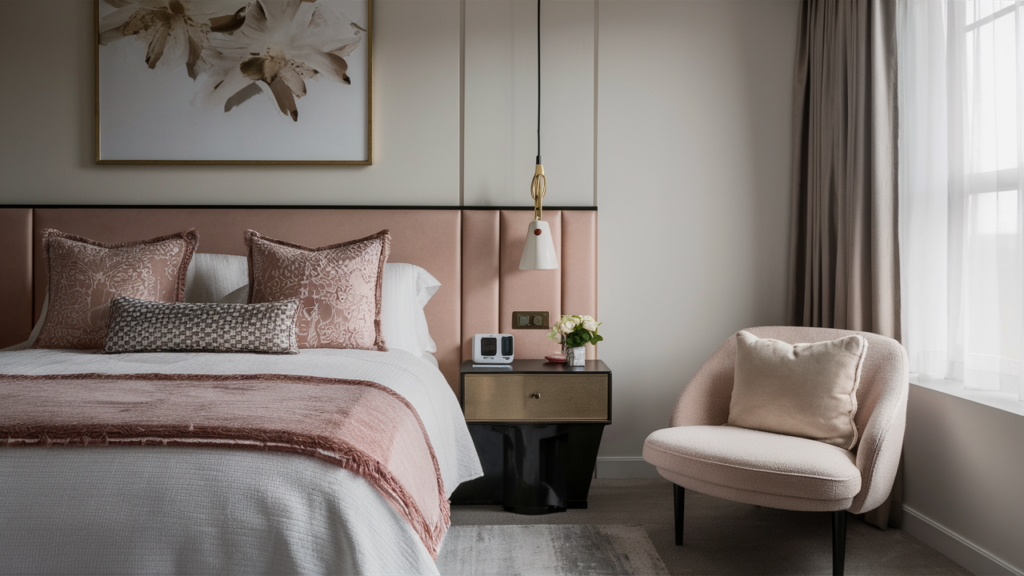 A chic guest room in soft blush and ivory