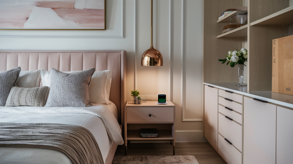 A chic guest room in soft blush and ivory, with a bedside table