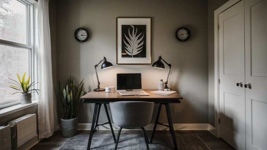 A chic home office with dimmer switches installed on task lights