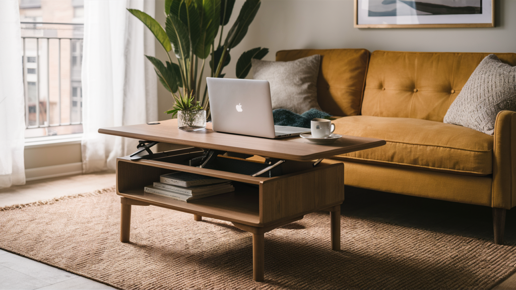 A Coffee Table That Unfolds Into A Work Desk, Accessorized With A Laptop