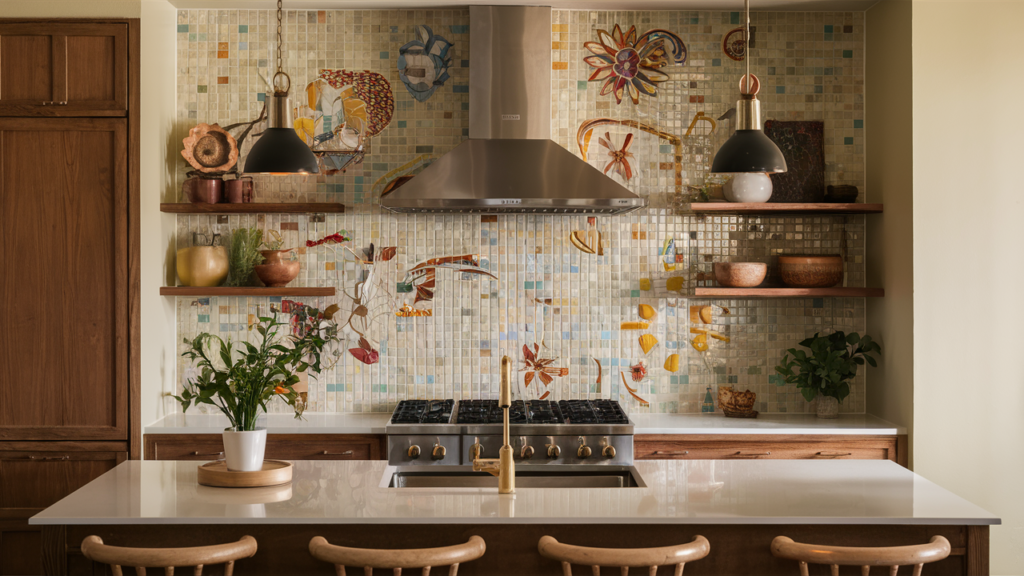 A colorful mosaic tile backsplash with abstract floral designs