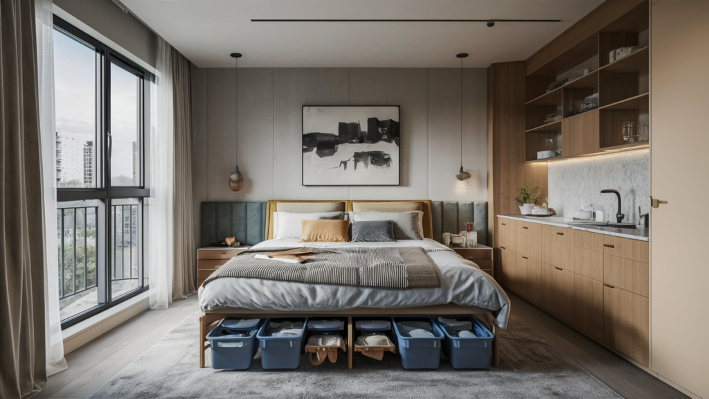 A compact apartment with roll-out plastic containers under the bed