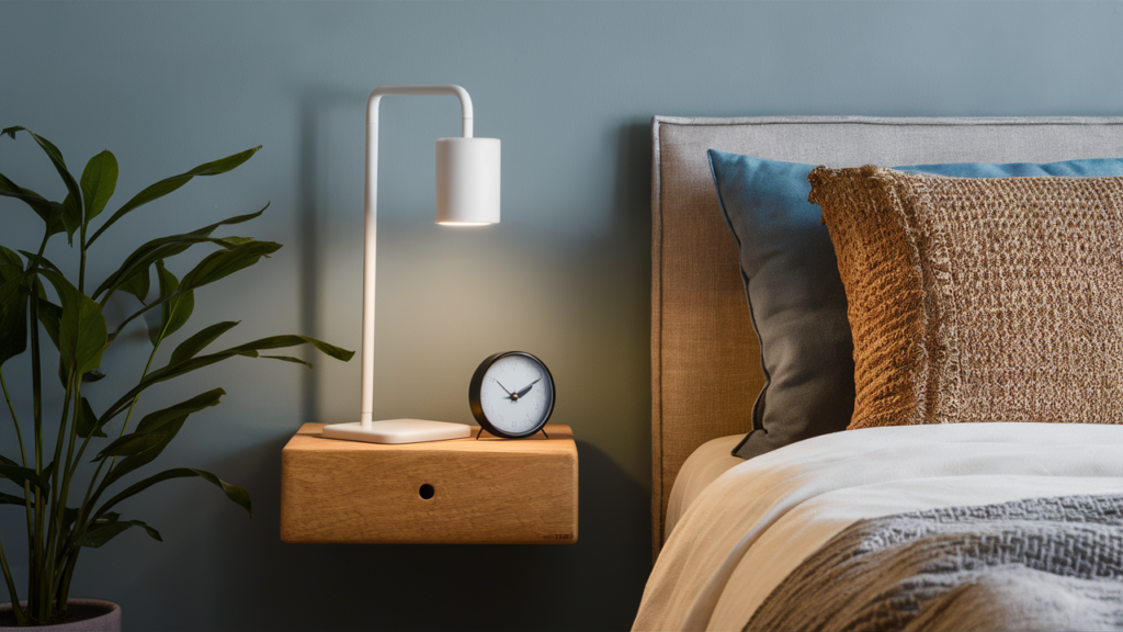 A Compact Floating Bedside Shelf, Holding A Slim Led Lamp And A Clock