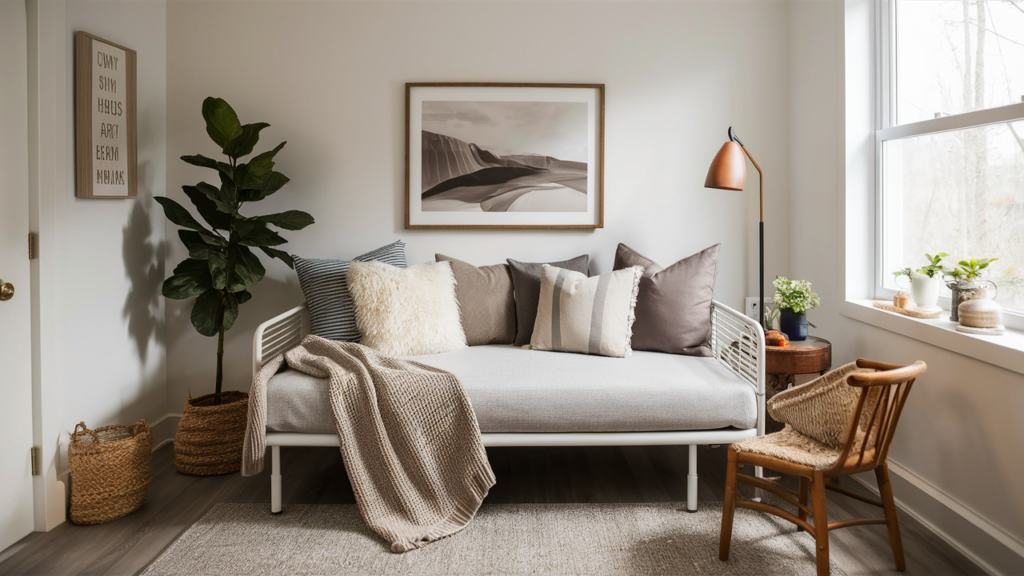 A Compact Guest Room With A Comfortable Daybed Dressed