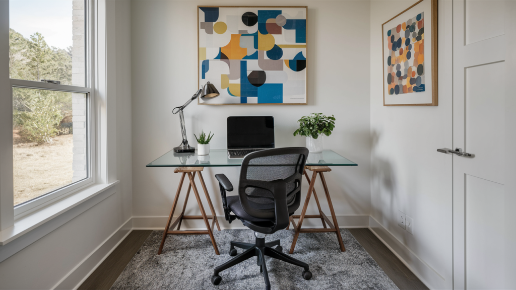 A Compact Workspace With A Glass-top Desk