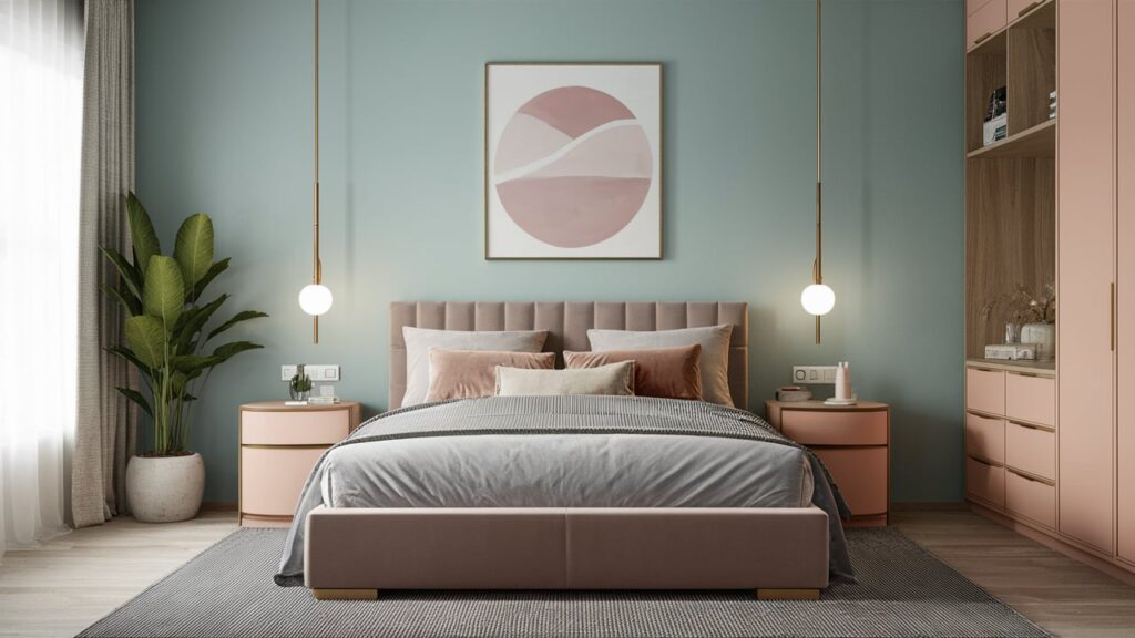 A contemporary guest room with pastel accents