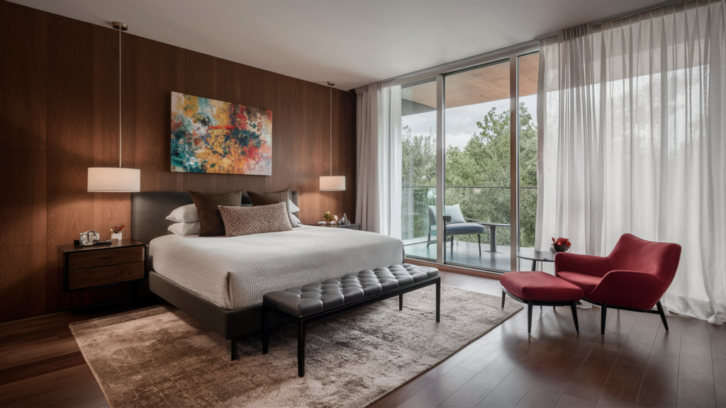 A contemporary guest room with rich cherry hardwood floors
