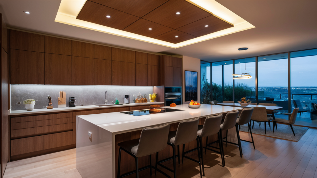 A contemporary kitchen featuring recessed lighting