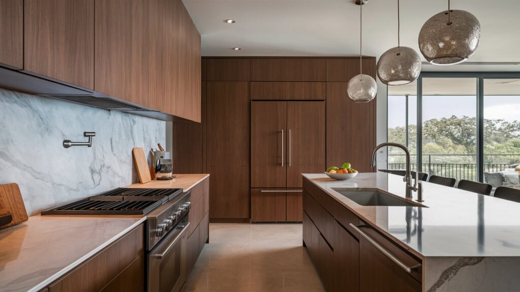 A contemporary kitchen with a double built-in oven