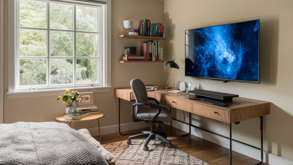 A Corner Smart Tv Setup In A Small Bedroom