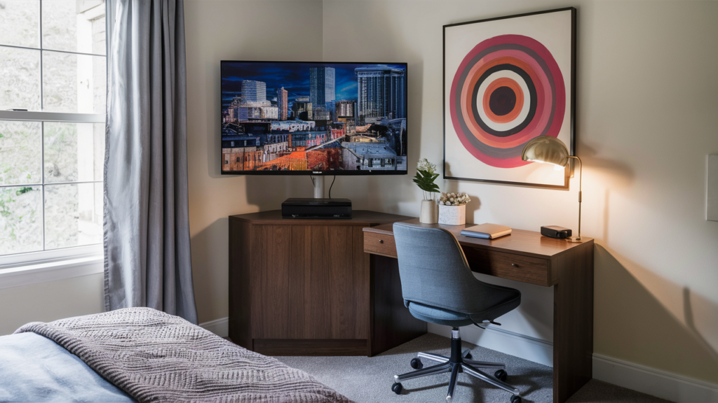 A Corner Smart Tv Setup In A Small Bedroom, With The Tv Mounted