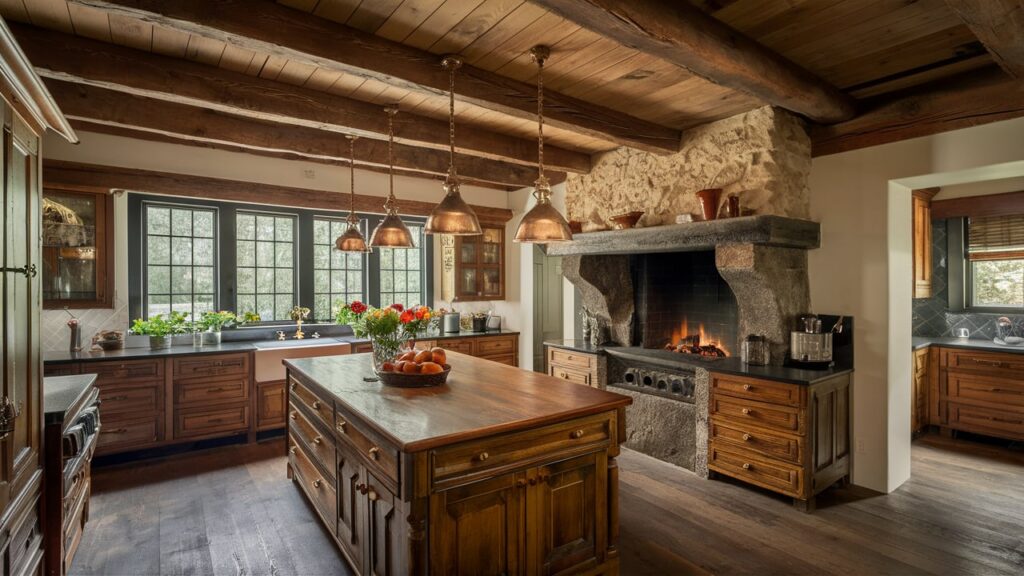 A cozy and inviting rustic kitchen with exposed wooden