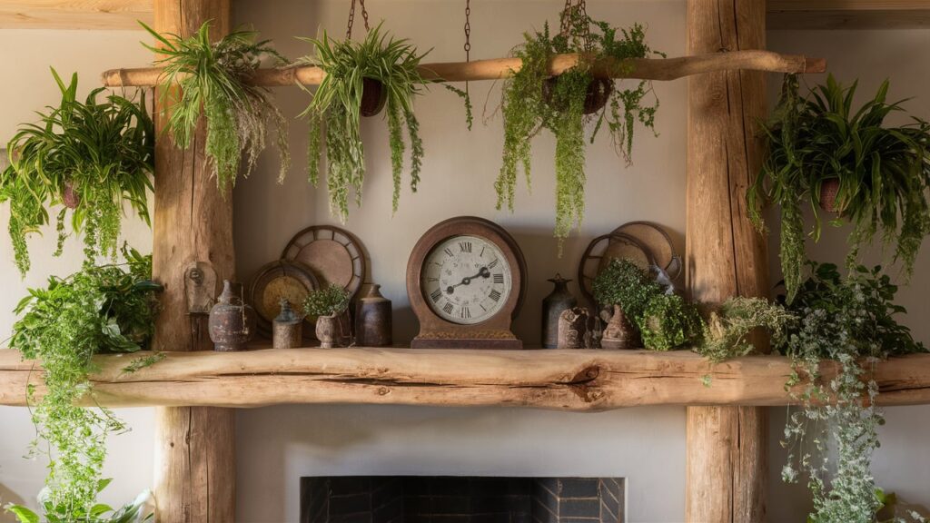 A Cozy And Rustic Farmhouse Living Room Featuring A Large Fireplace