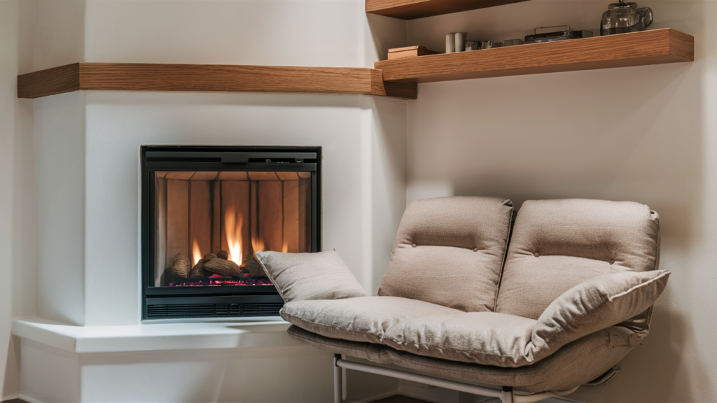 A cozy and stylish living space with a clean, white corner fireplace