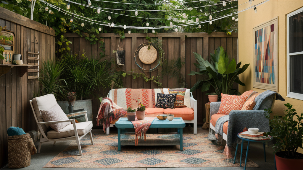 A Cozy, Colorful Outdoor Space With String Lights Overhead