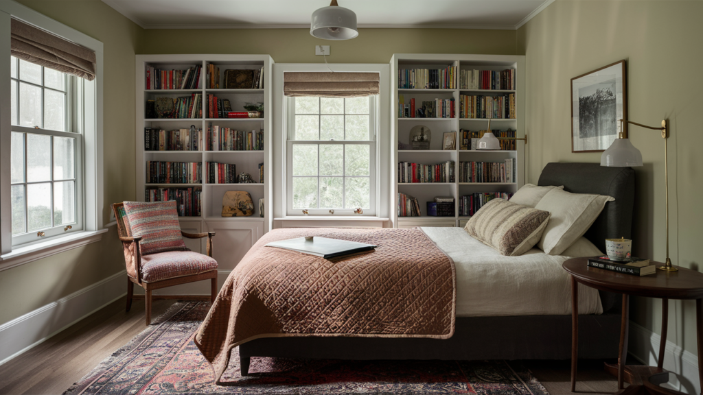 A cozy guest room with medium-tone hardwood floors