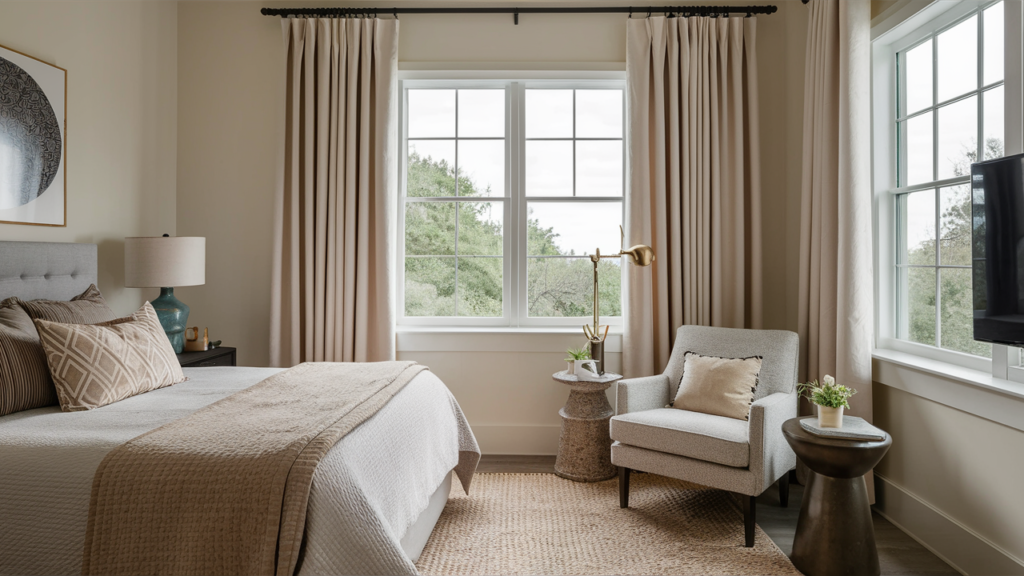 A Cozy Guest Room With Soft Beige Blackout Curtains