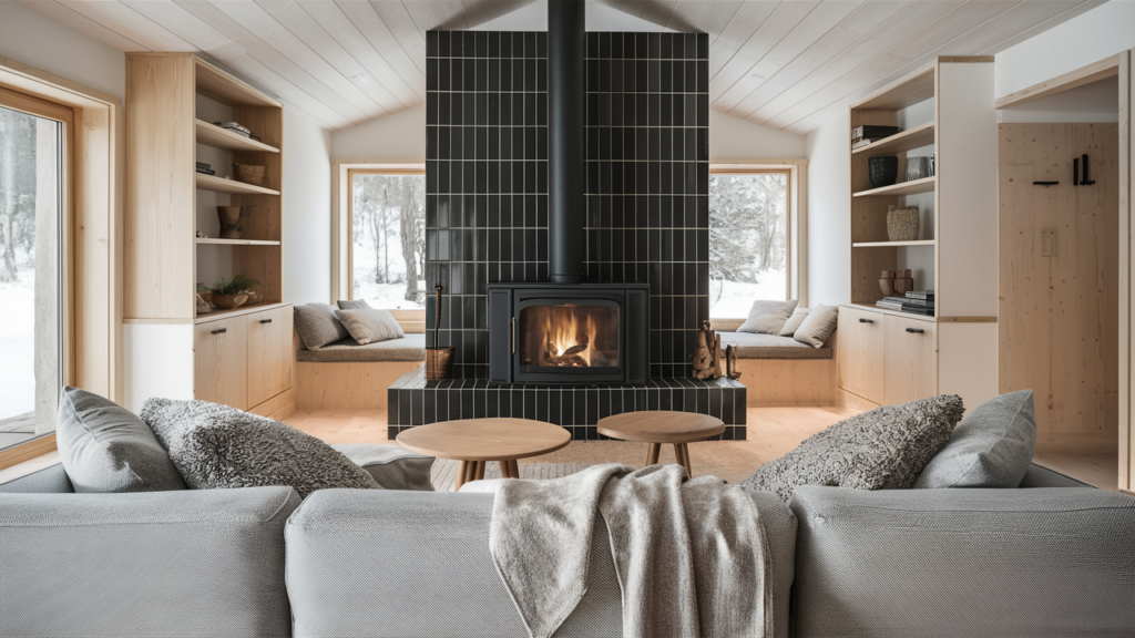 A Cozy, Inviting Scandinavian Living Room With A Stylish Black-tiled Fireplace