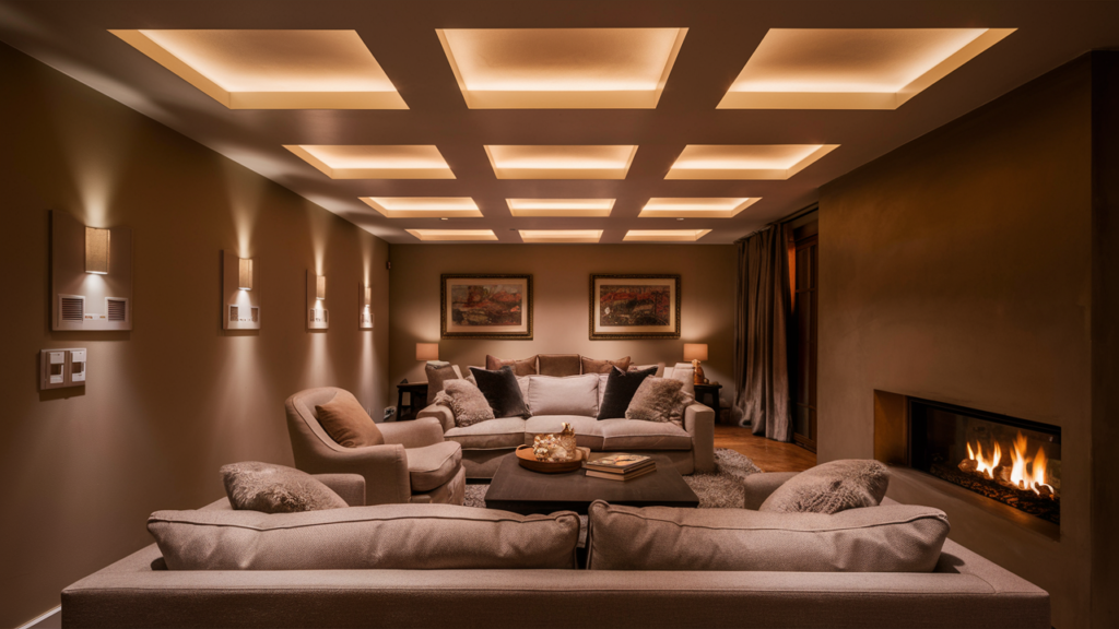 A cozy, inviting living room with dimmable recessed lighting