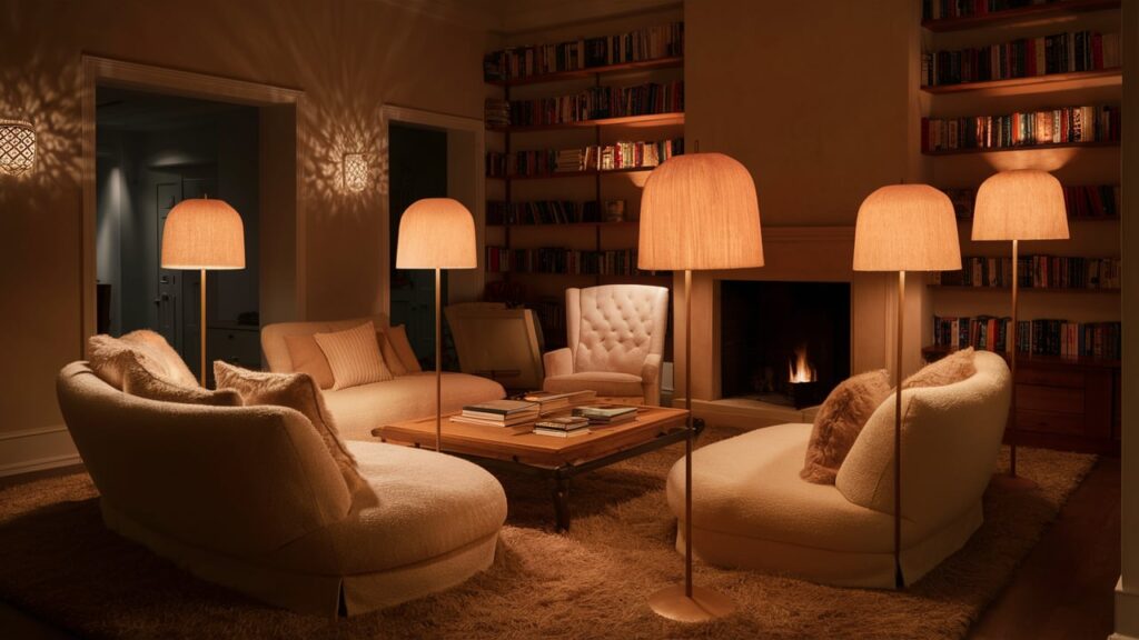 A cozy living room with soft, amber-toned floor lamps