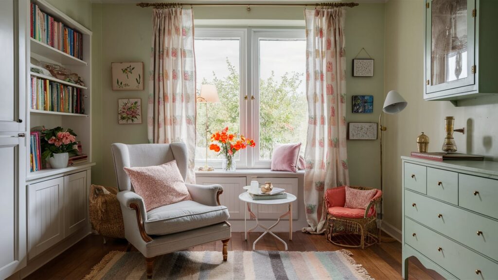 A cozy reading nook with soft pastel cushions, a vintage armchair