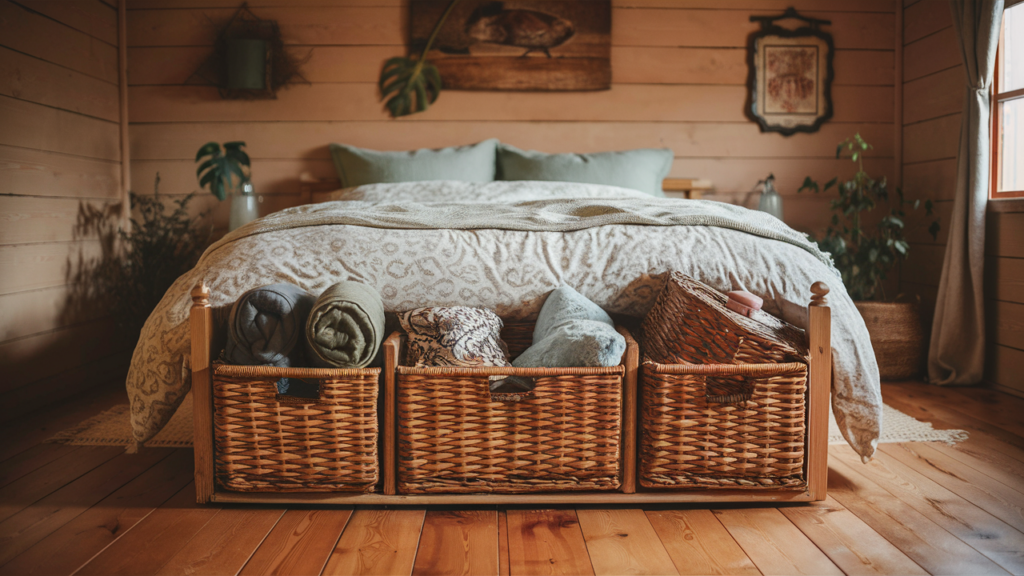 A cozy, rustic bedroom with warm wooden floors and a softly patterned