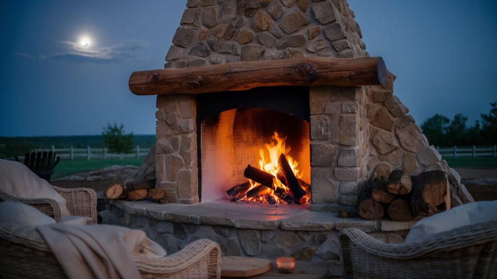 A cozy, rustic outdoor fireplace, crafted from stone