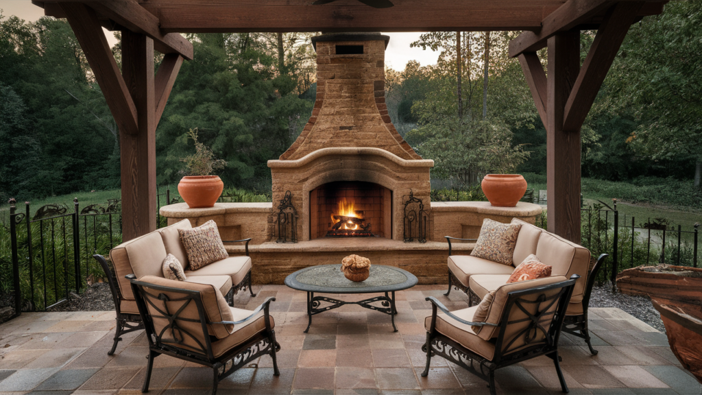 A Cozy Seating Area Surrounding A Stone-built Outdoor Fireplace