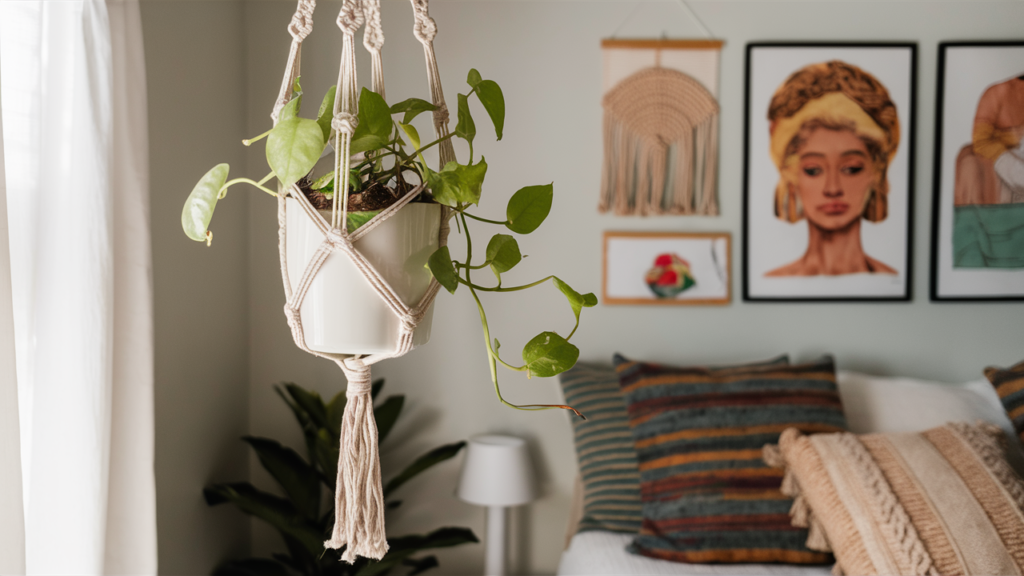 A delicate pothos vine in a hanging macramé planter