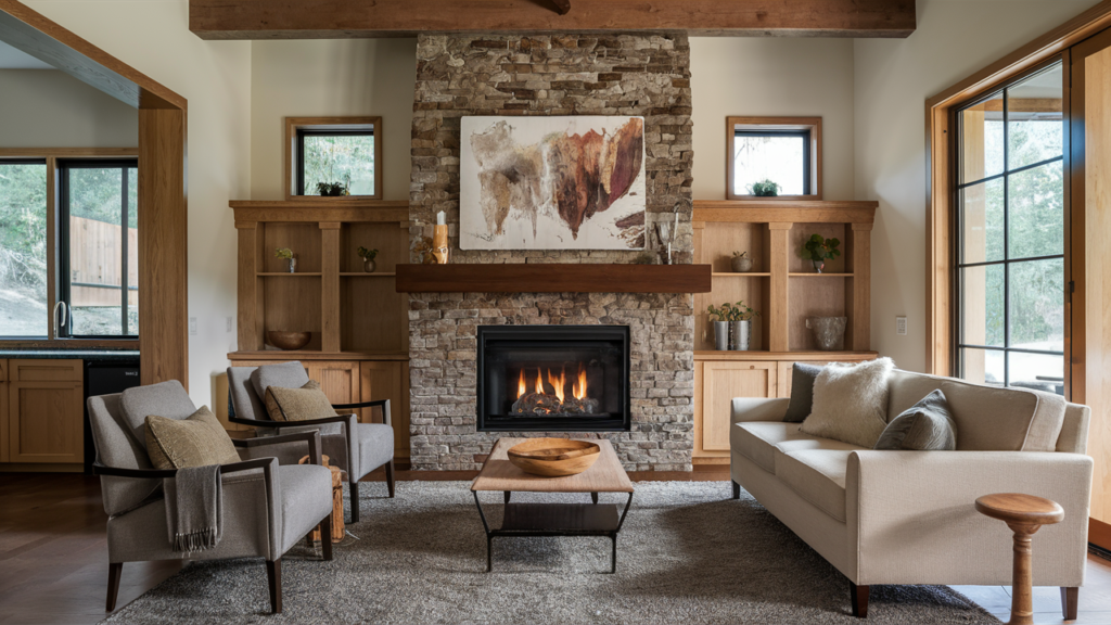 A fireplace design featuring a surround made from recycled glass