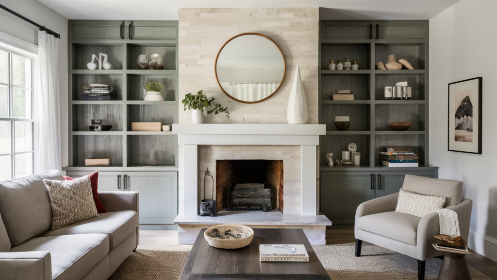 A Fireplace Design That Combines Open Shelving With Hidden Storage Below