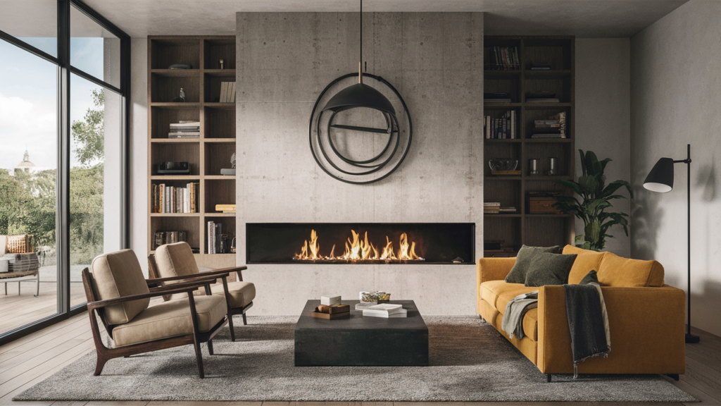 A floating hearth made of concrete, adding a sleek