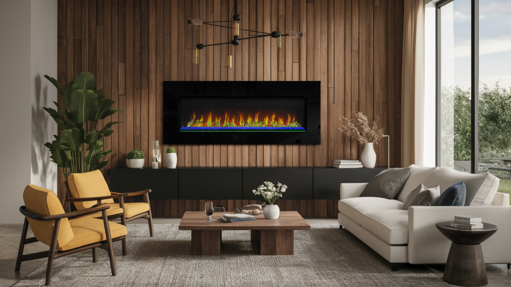 A Floating, Wall-mounted Electric Fireplace With Customizable Led