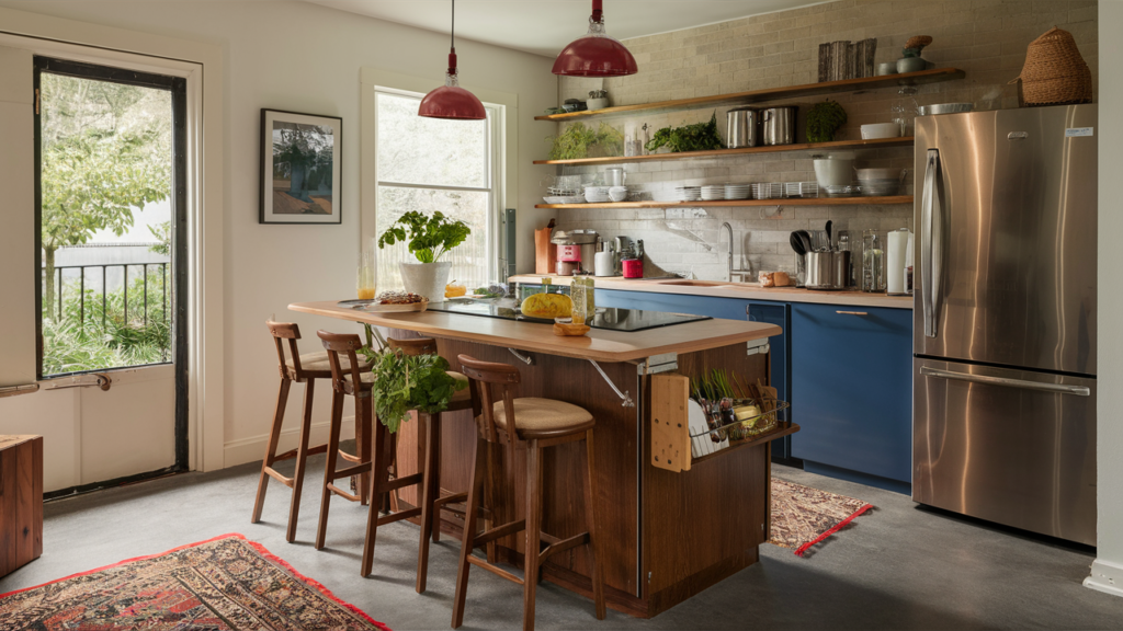 A Foldable Kitchen Island With Extendable Surfaces