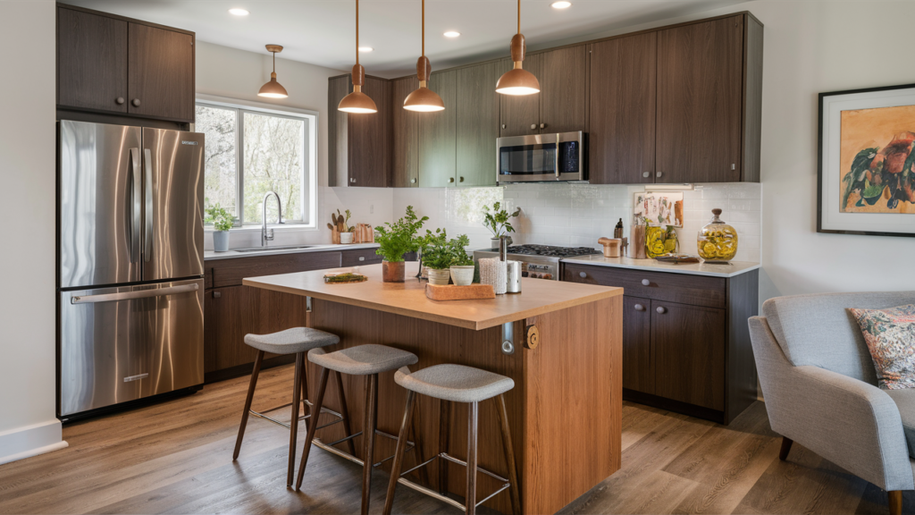 A Foldable Kitchen Island With Extendable Surfaces, Styled With Bar Stools