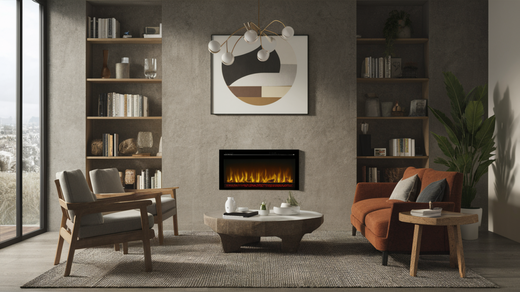 A Freestanding Electric Fireplace With A Minimalist