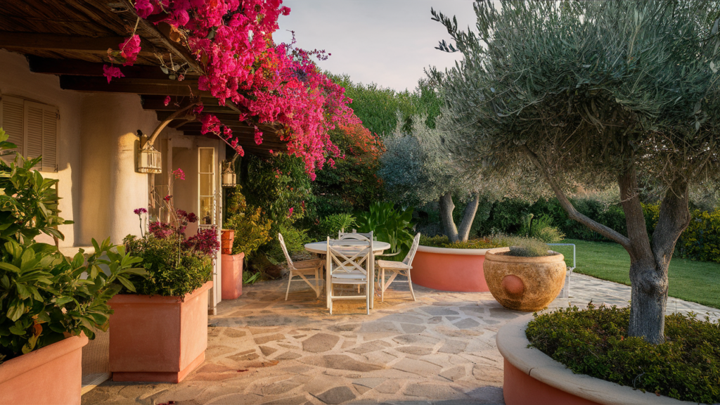 A garden patio with Mediterranean plants like bougainvillea