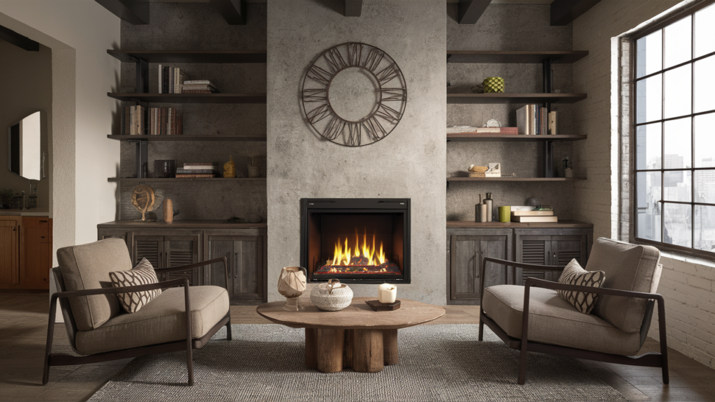 A gas fireplace with metal grills